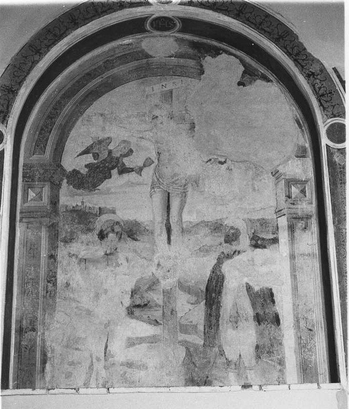crocifissione di Cristo con la Madonna e santi (dipinto) - ambito marchigiano (prima metà sec. XVI)