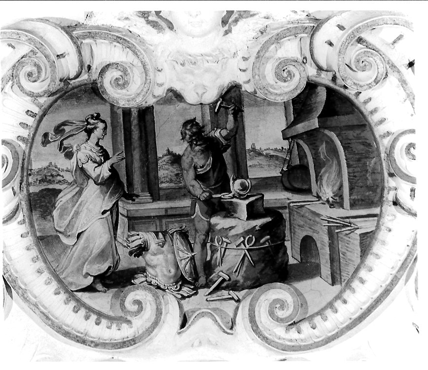 Vulcano (dipinto) di Salvolini Giustino detto Giustino Episcopi, Damiani Felice (sec. XVI)