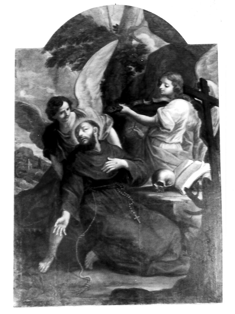 San Francesco d'Assisi sostenuto da due angeli dopo aver ricevuto le stimmate (dipinto) - ambito marchigiano (sec. XVII)