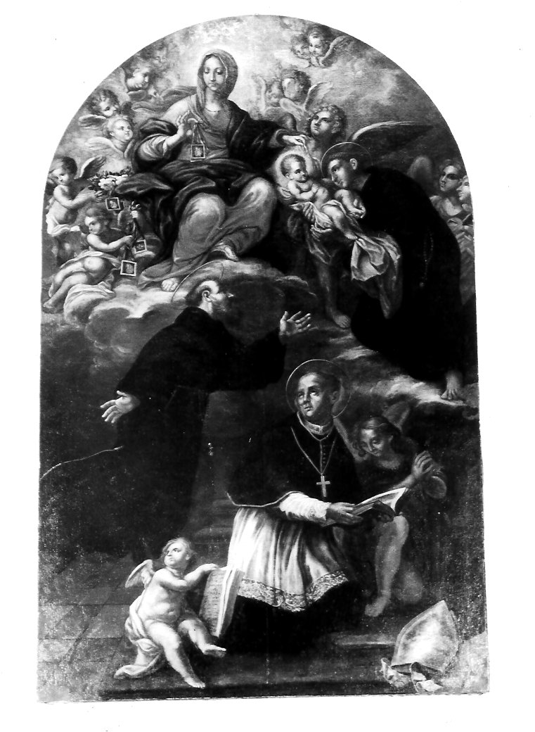 San Francesco d'Assisi riceve Gesù Bambino dalla Madonna (dipinto) - ambito marchigiano (sec. XVII)