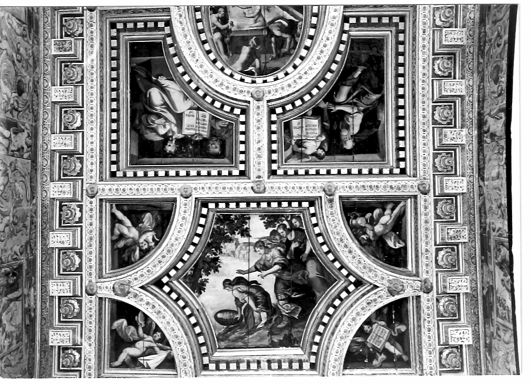 scene bibliche, quattro evangelisti ispirati dai loro simboli, putti alati (dipinto, ciclo) di Sarti Antonino (sec. XVII)