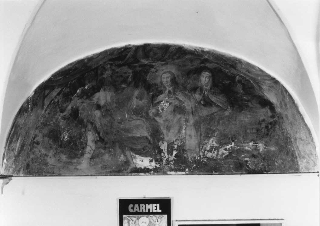 San Teresa d`Avila istituisce le regole e i conventi - Morte di San Teresa d'Avila - San Teresa d'Avila scrive le regole - San Teresa d'Avila con sacerdoti - carmelitane con angelo (dipinto, ciclo) di Calderi Giovanni (sec. XVII)