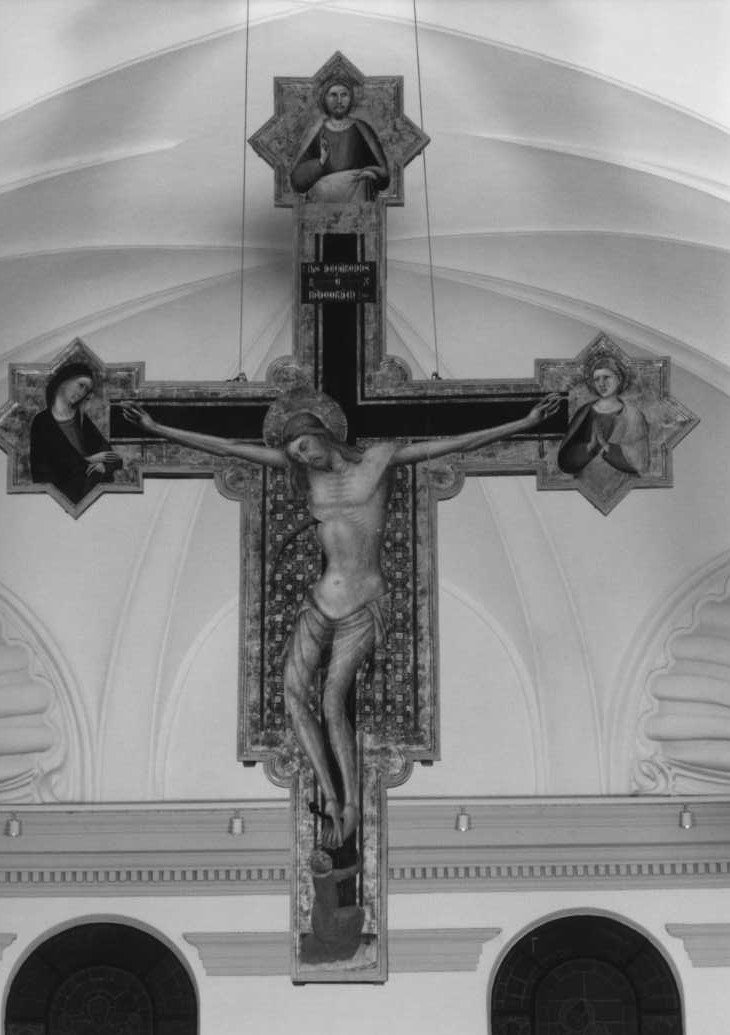 Cristo crocifisso con la Madonna, San Giovanni evangelista e Santa Maria Maddalena (croce dipinta) di Bassa Ferrer (attribuito) (sec. XIV)
