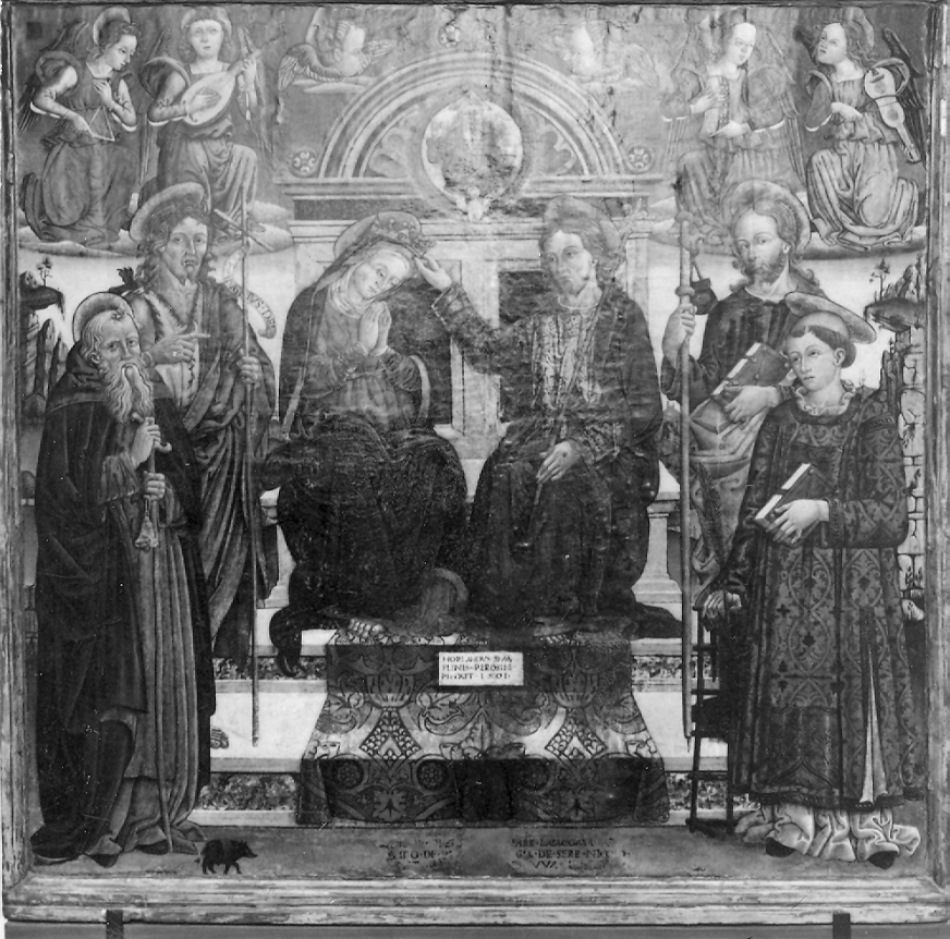 incoronazione di Maria Vergine e i Santi Giovanni Battista, Antonio Abate, Giacomo e Lorenzo (dipinto) di Merlini Orlando (sec. XVI)