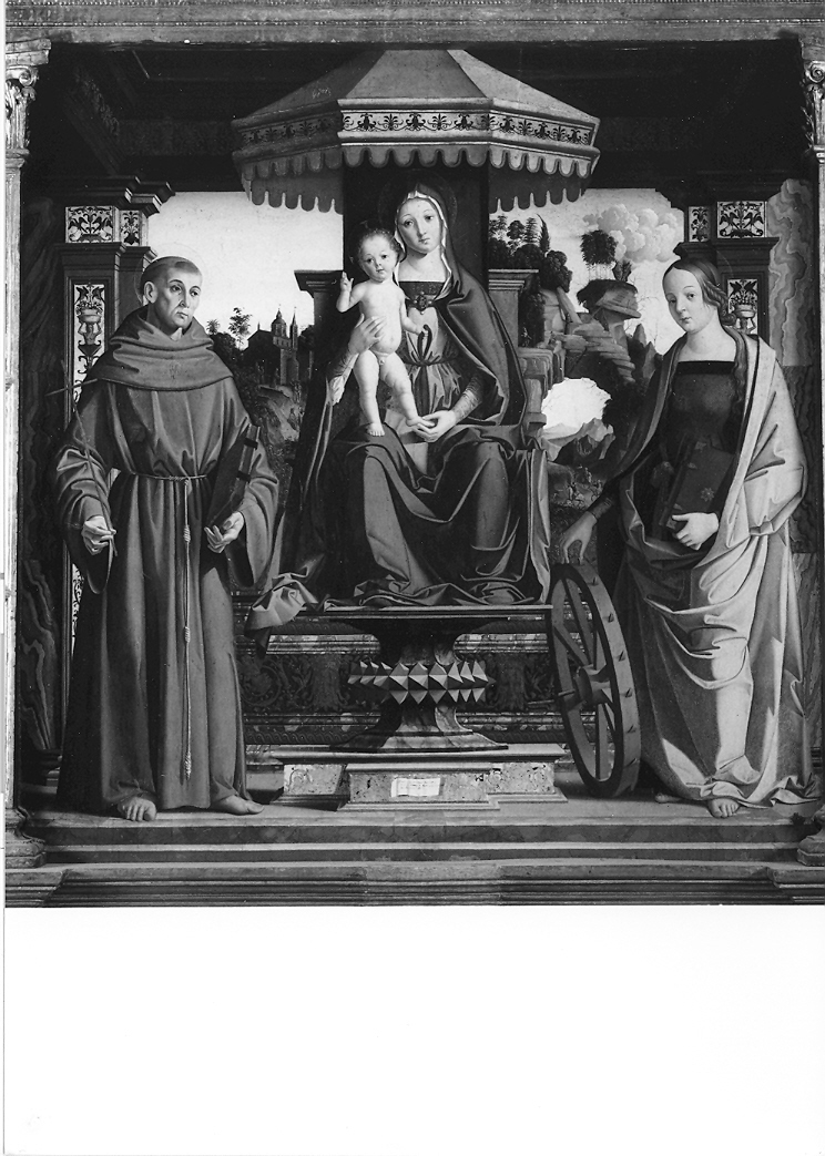 Madonna con Bambino in trono tra San Francesco e Santa Caterina d'Alessandria (dipinto, elemento d'insieme) di Palmezzano Marco (sec. XVI)