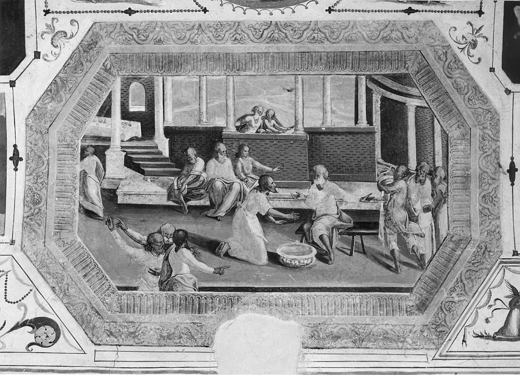 Cristo lava i piedi degli apostoli (dipinto, elemento d'insieme) di Magistris Simone de, Magistris Giovan Francesco de (sec. XVI)