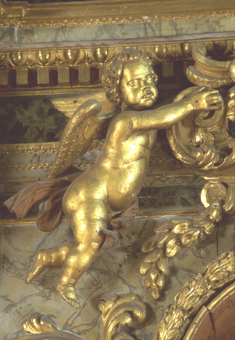 angelo reggicartiglio, angelo (scultura, elemento d'insieme) di Polinori Giuseppe, Grillanda Girolamo (fine sec. XVII)