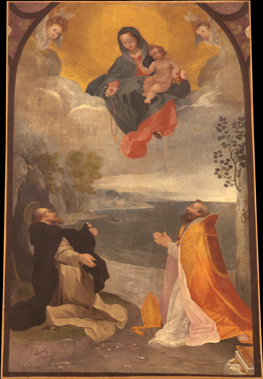 Madonna del Rosario col Bambino che appare a san Domenico e a un santo ves covo, Madonna del Rosario (dipinto) - ambito pesarese (prima metà sec. XVII)
