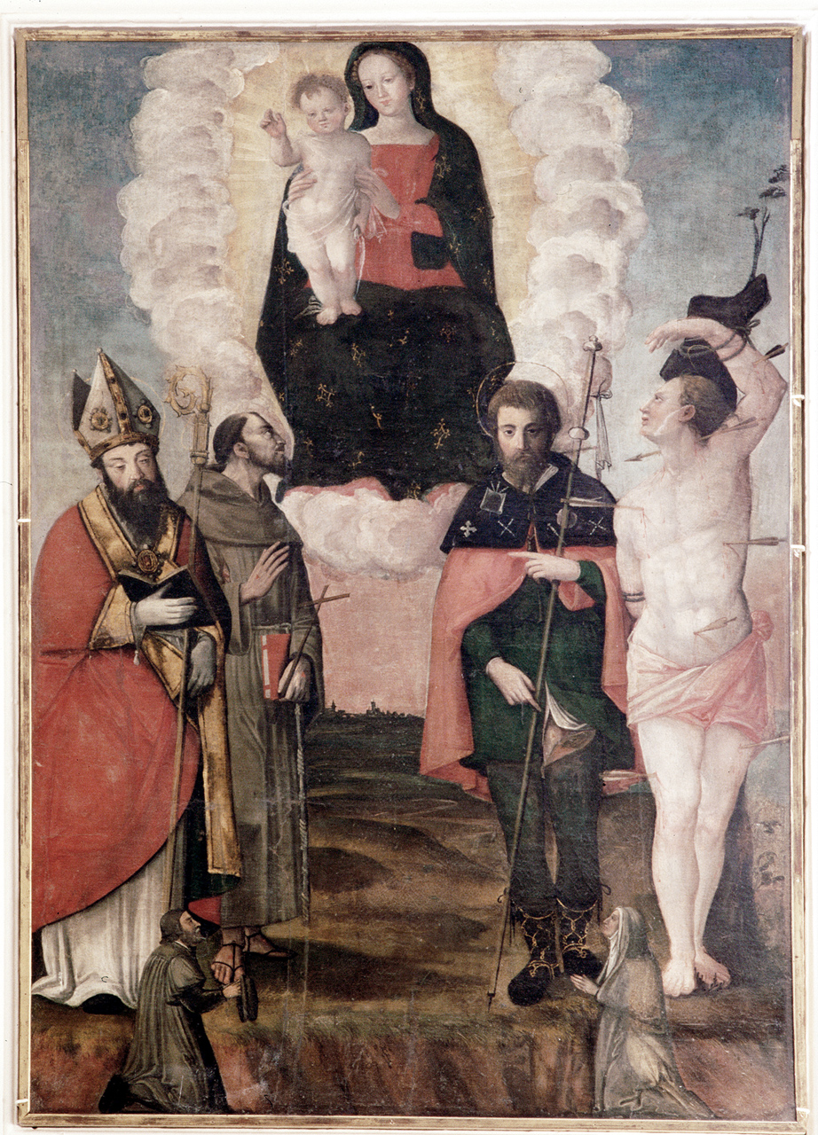Madonna del Rosario col Bambino che appare a san Domenico e a un santo ves covo, Madonna del Rosario (dipinto) di Morganti Giovan Francesco (sec. XVI)