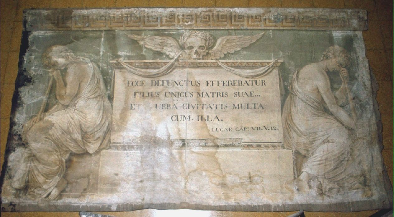 Cartiglio con figure di dolenti, cartiglio (drappo, elemento d'insieme) di Mancinelli Giuseppe (inizio sec. XIX)