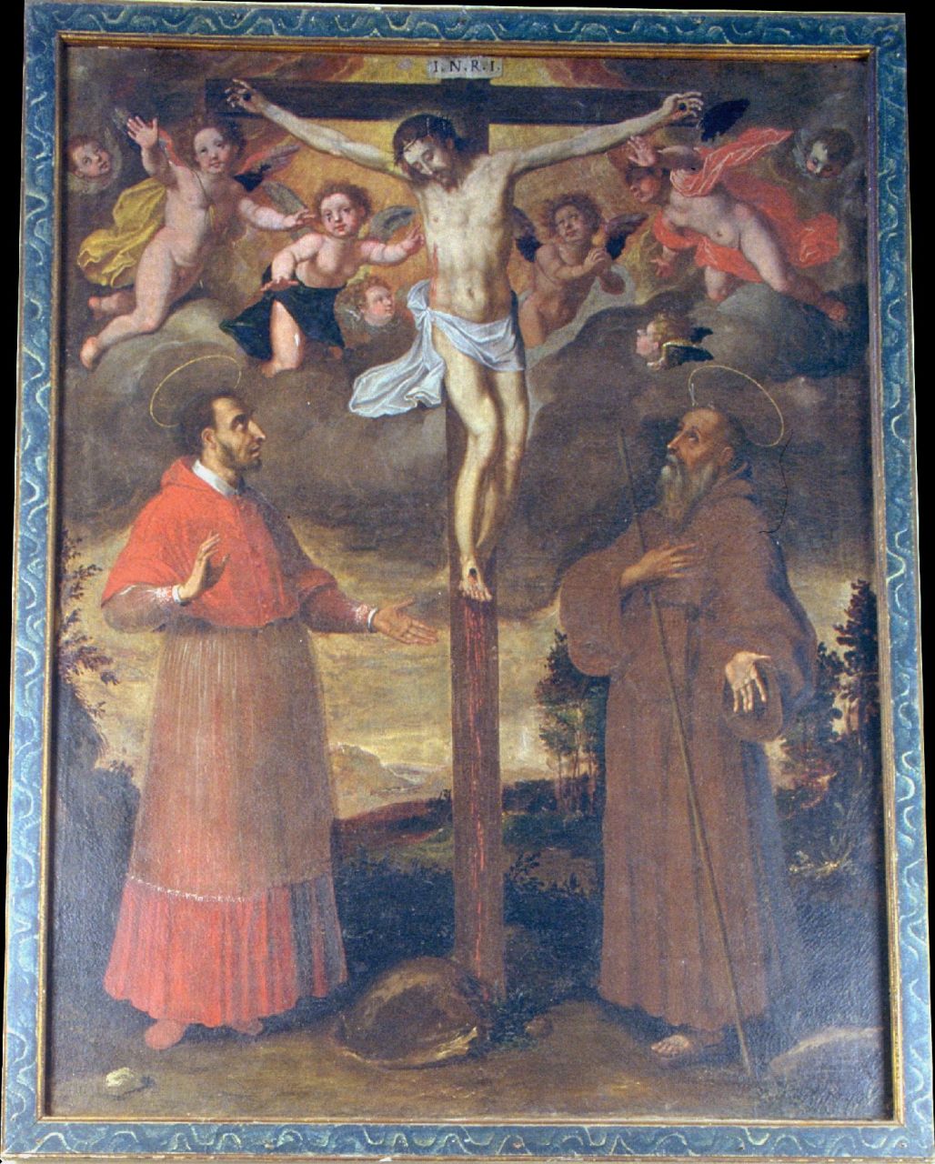 Crocifissione con i Santi Carlo Borromeo e Antonio abate, crocifissione di Cristo (pala d'altare) di Pandolfi Giovanni Giacomo (sec. XVII)