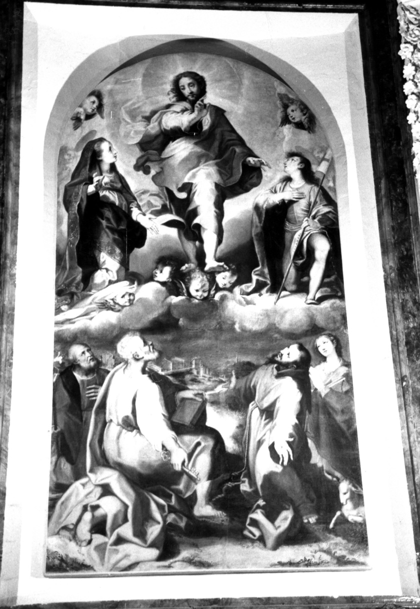 Cristo in gloria tra la Madonna e i Santi Terenzio, Giuseppe, Pietro, Francesco d'Assisi e Agnese, Cristo in gloria e Santi (dipinto) di Fiori Federico detto Barocci (fine/inizio secc. XVI/ XVII)