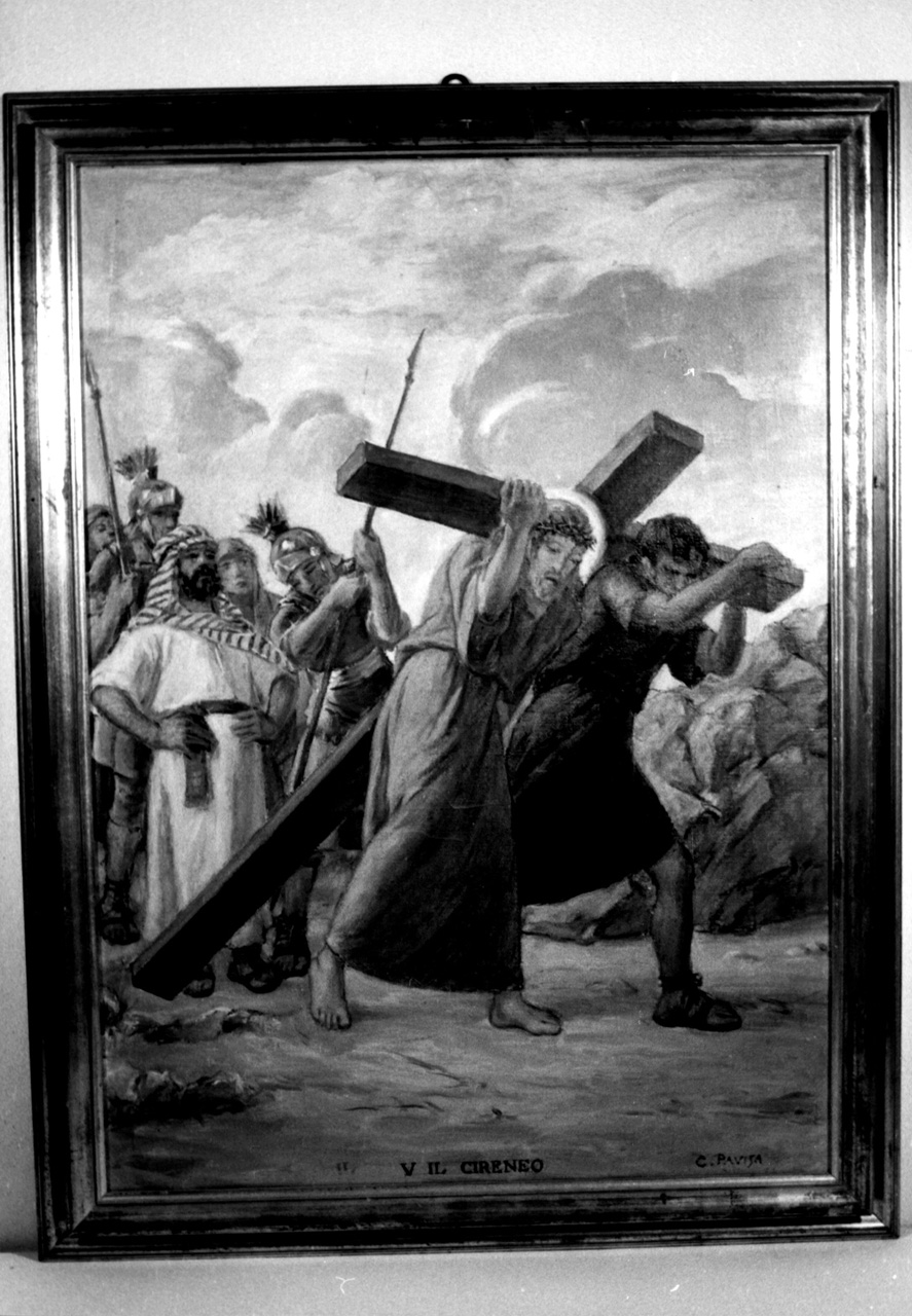 Il Cireneo, stazione V: Gesù aiutato da Simone il Cireneo a portare la croce (dipinto, elemento d'insieme) di Pavisa Ciro (inizio sec. XX)