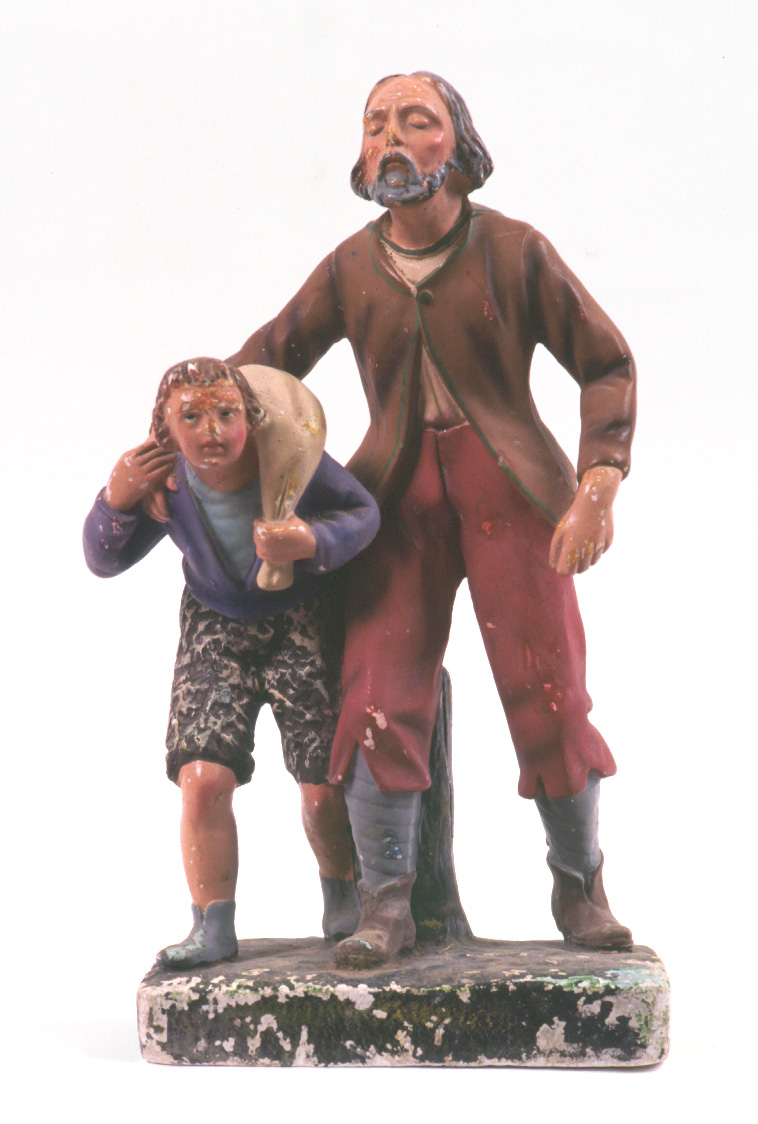 pastore anziano con bambino e pecora, pastori (statua da presepio, elemento d'insieme) - bottega pesarese (inizio sec. XX)