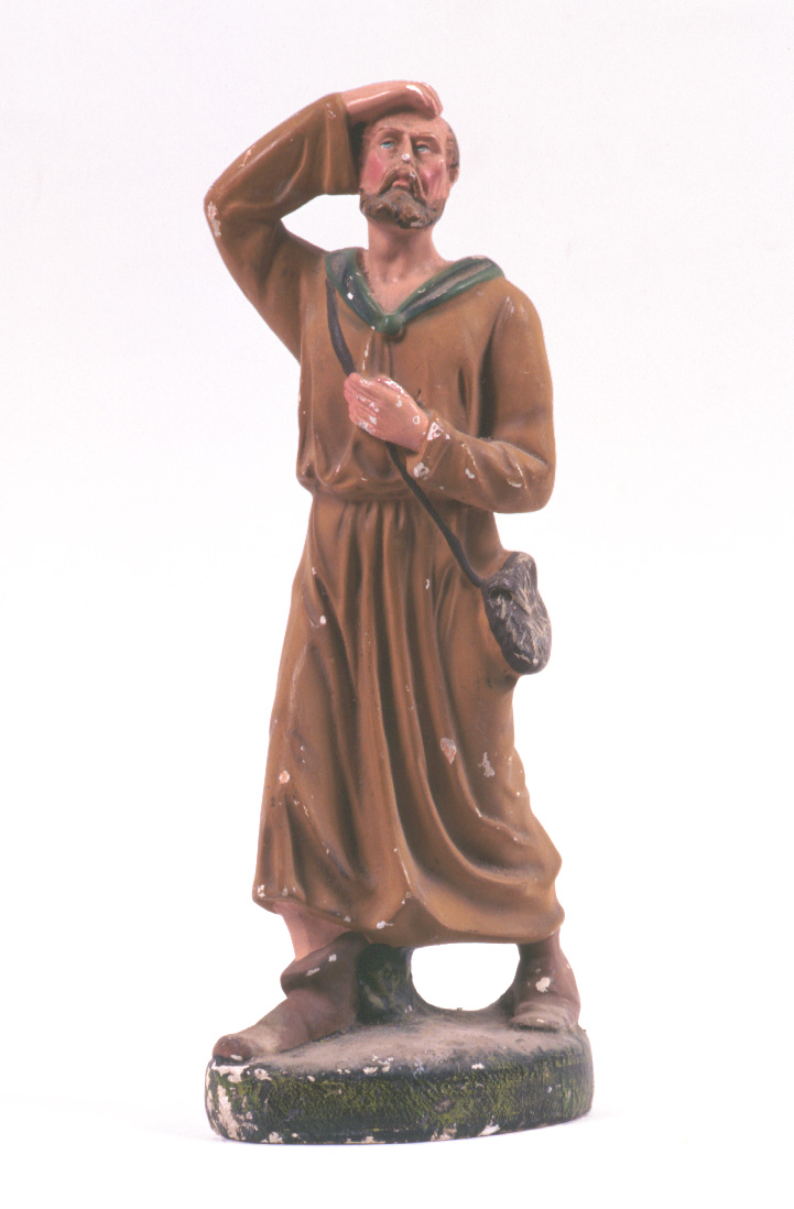 viandante con bisaccia, figura maschile (statua da presepio, elemento d'insieme) - bottega pesarese (inizio sec. XX)