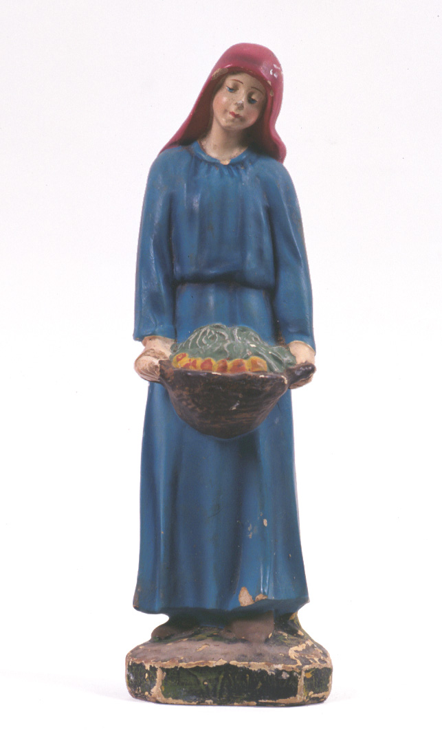 Offerente con cesto di verdure, figura femminile di offerente (statua da presepio, elemento d'insieme) - bottega pesarese (inizio sec. XX)