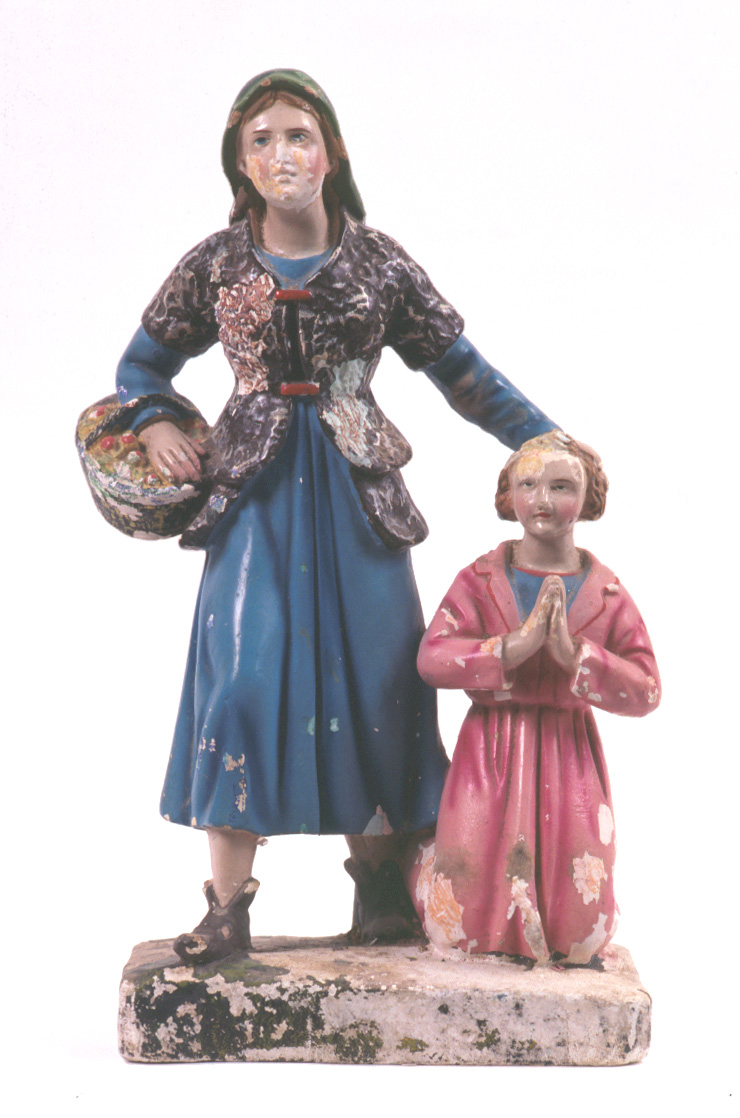 Offerente con bambina inginocchiata, figura femminile con bambina (statua da presepio, elemento d'insieme) - bottega pesarese (inizio sec. XX)