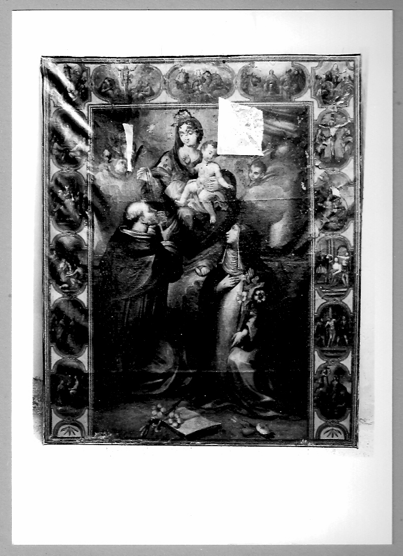 Madonna del Rosario con i Misteri del Rosario, Madonna del Rosario con Santi domenicani e misteri del rosario (dipinto) - ambito bolognese (sec. XVII)