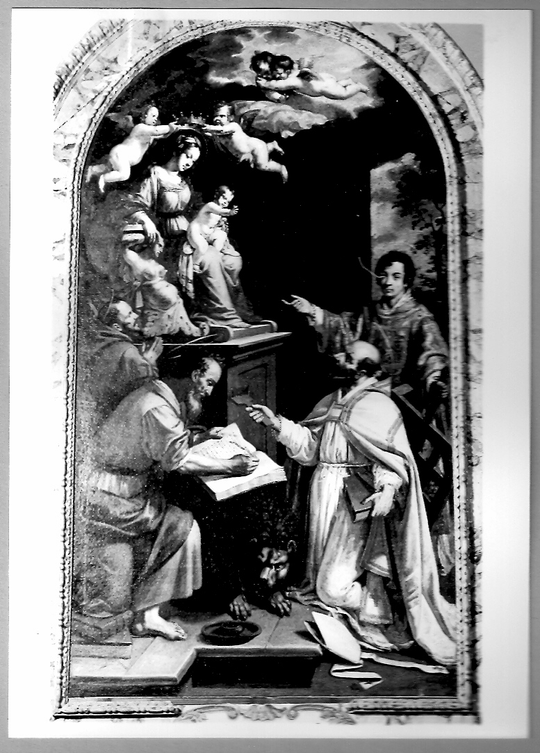 Madonna in trono con Bambino e Santi (dipinto) di Guerrieri Giovanni Francesco (metà sec. XVII)