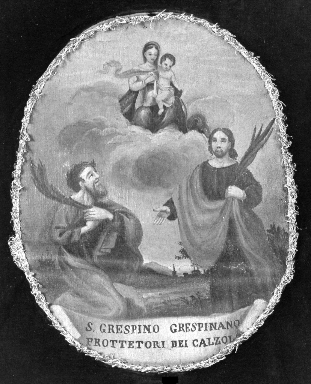 Madonna col Bambino che appare ai Santi Crispino e Crispiniano, Madonna con Bambino e Santi (emblema di confraternita, elemento d'insieme) - ambito pesarese (prima metà sec. XIX)