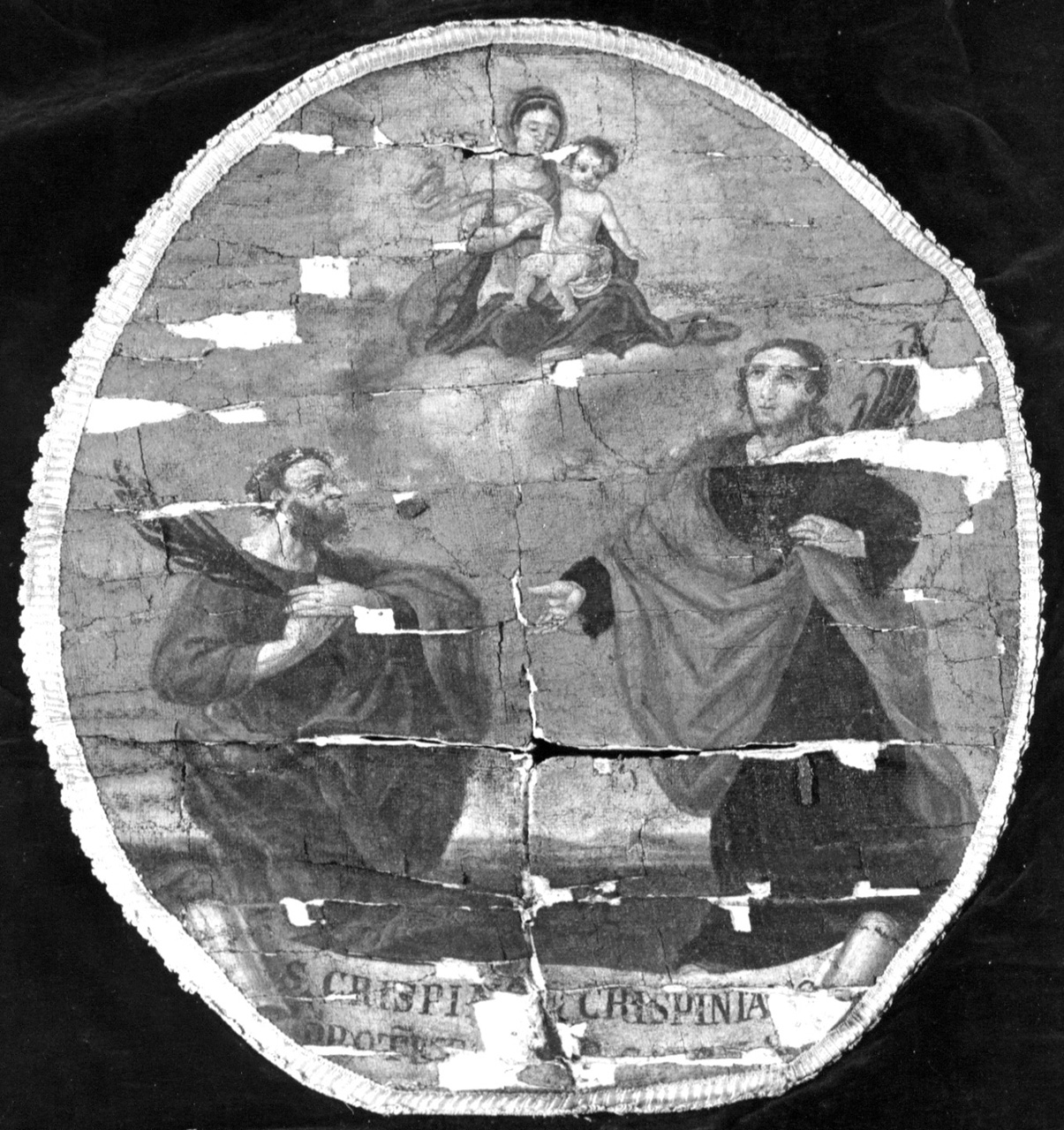 Madonna col Bambino che appare ai Santi Crispino e Crispiniano, Madonna con Bambino e Santi (emblema di confraternita, elemento d'insieme) - ambito pesarese (fine/inizio secc. XVIII/ XIX)