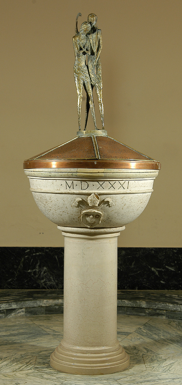 vasca battesimale, elemento d'insieme - bottega marchigiana (sec. XVII)
