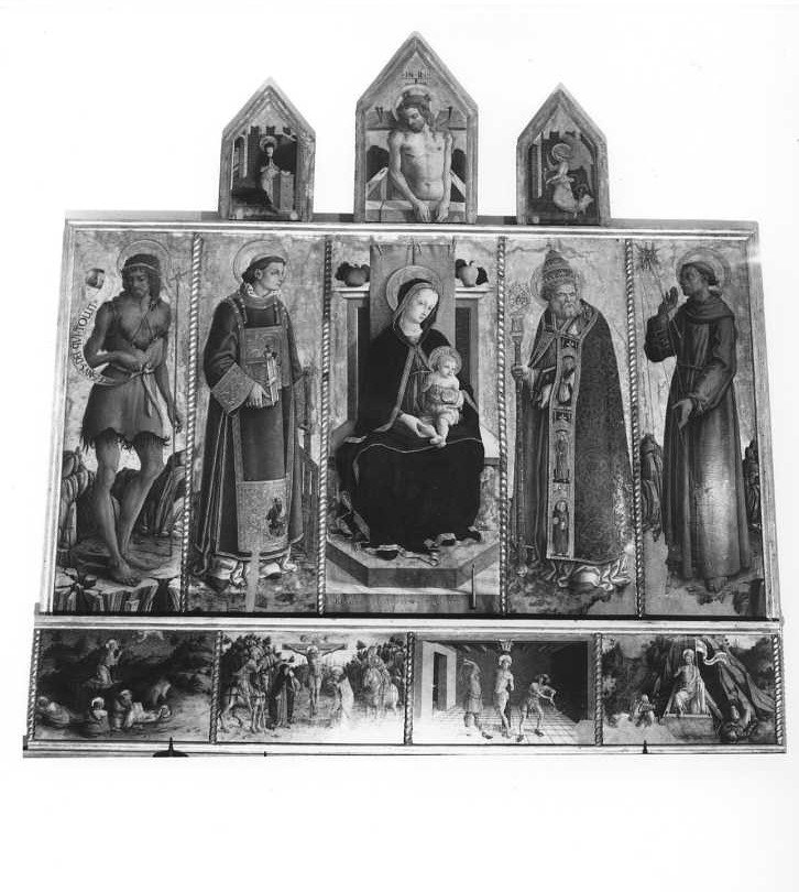 Madonna con Bambino, San Giovanni Battista, San Lorenzo, San Silvestro e San Francesco (polittico) di Crivelli Carlo (sec. XV)