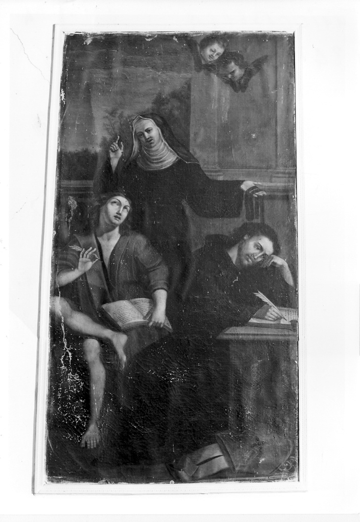 Santa Monica educa al Cristianesimo i figli Navigio e Agostino (dipinto) - ambito marchigiano (sec. XVII)