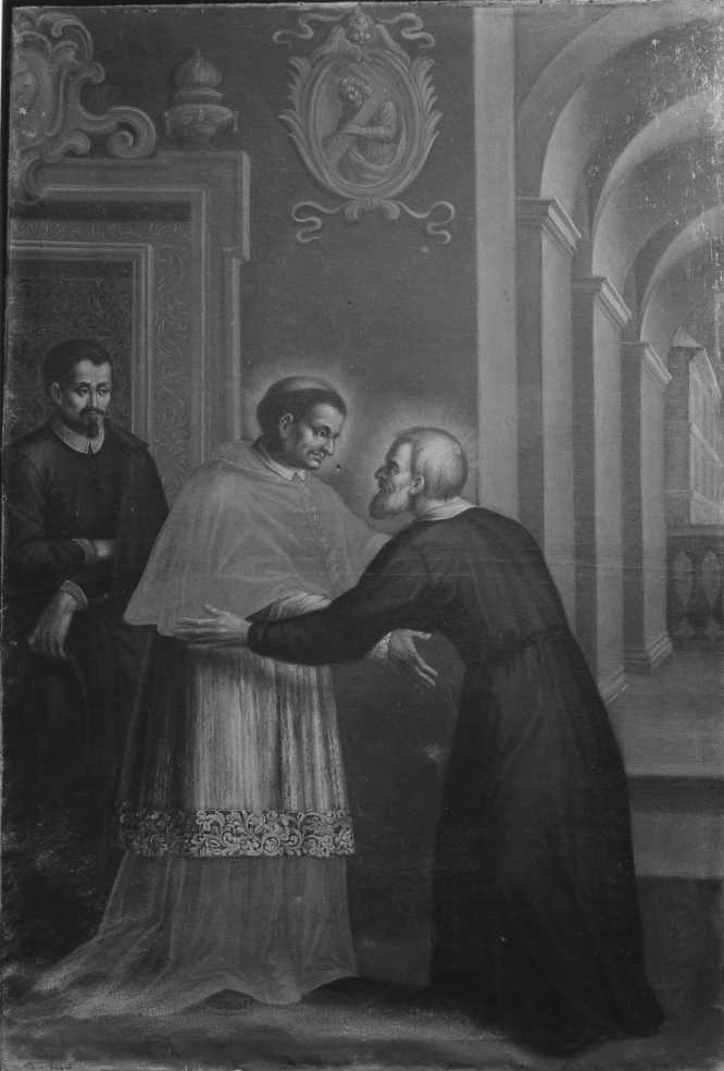 San Filippo Neri incontra San Carlo Borromeo (dipinto) - ambito marchigiano (sec. XVII)