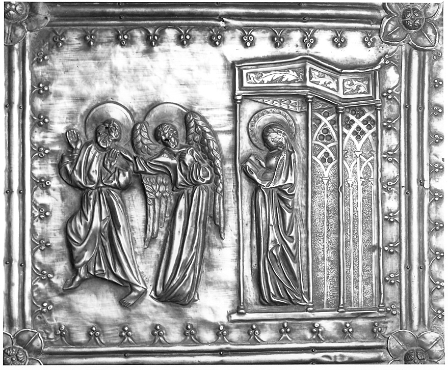 annuncio della nascita di San Giovanni Battista a Zaccaria (placchetta, elemento d'insieme) - bottega marchigiana (fine/inizio secc. XIV/ XV)