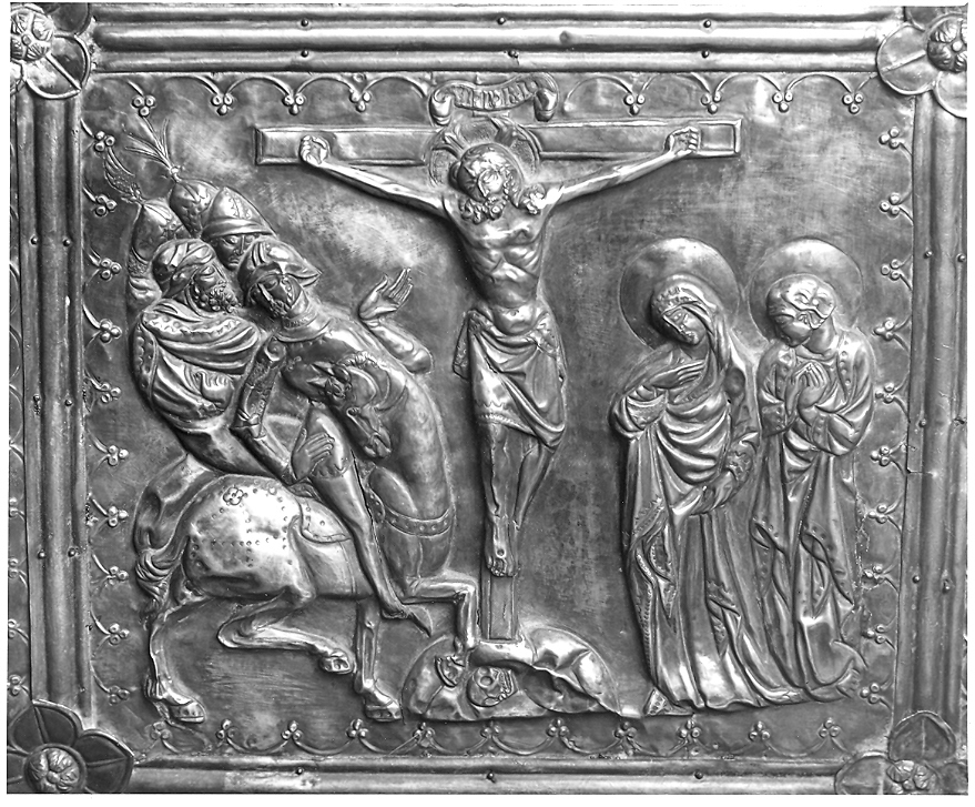 crocifissione (placchetta, elemento d'insieme) - bottega marchigiana (fine/inizio secc. XIV/ XV)