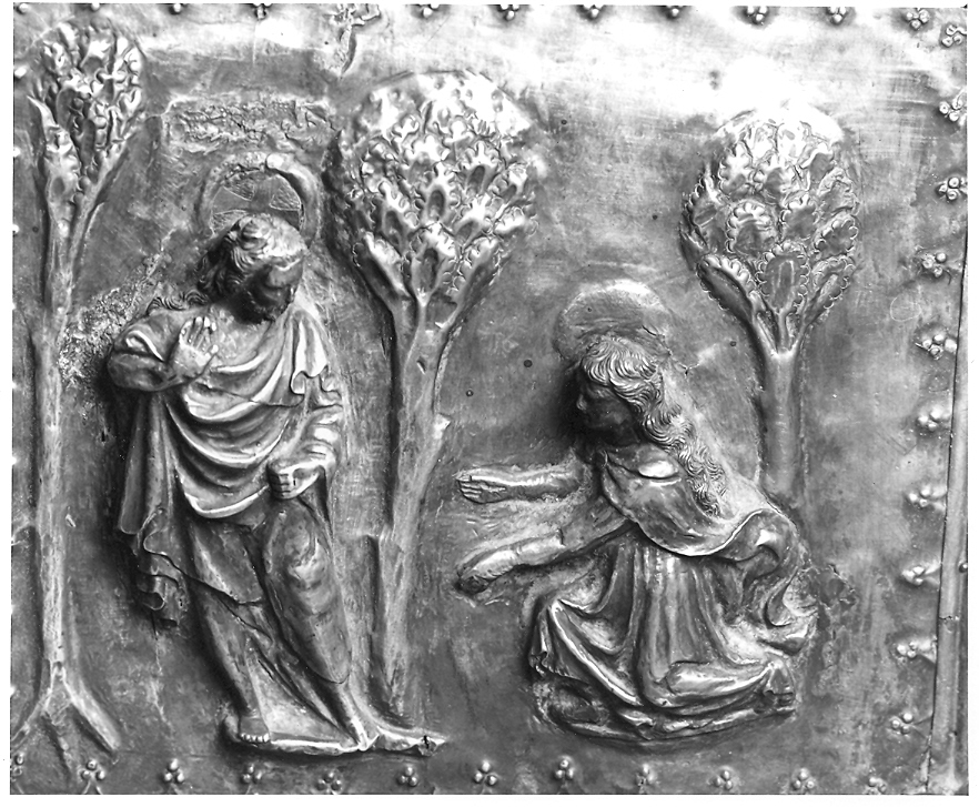 apparizione di Cristo risorto a Santa Maria Maddalena (placchetta, elemento d'insieme) - bottega marchigiana (fine/inizio secc. XIV/ XV)