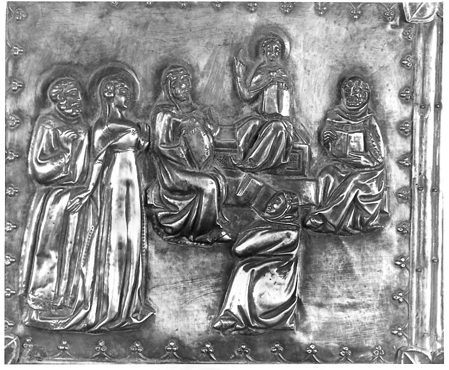 disputa di Gesù con i dottori nel tempio (placchetta, elemento d'insieme) - bottega marchigiana (fine/inizio secc. XIV/ XV)