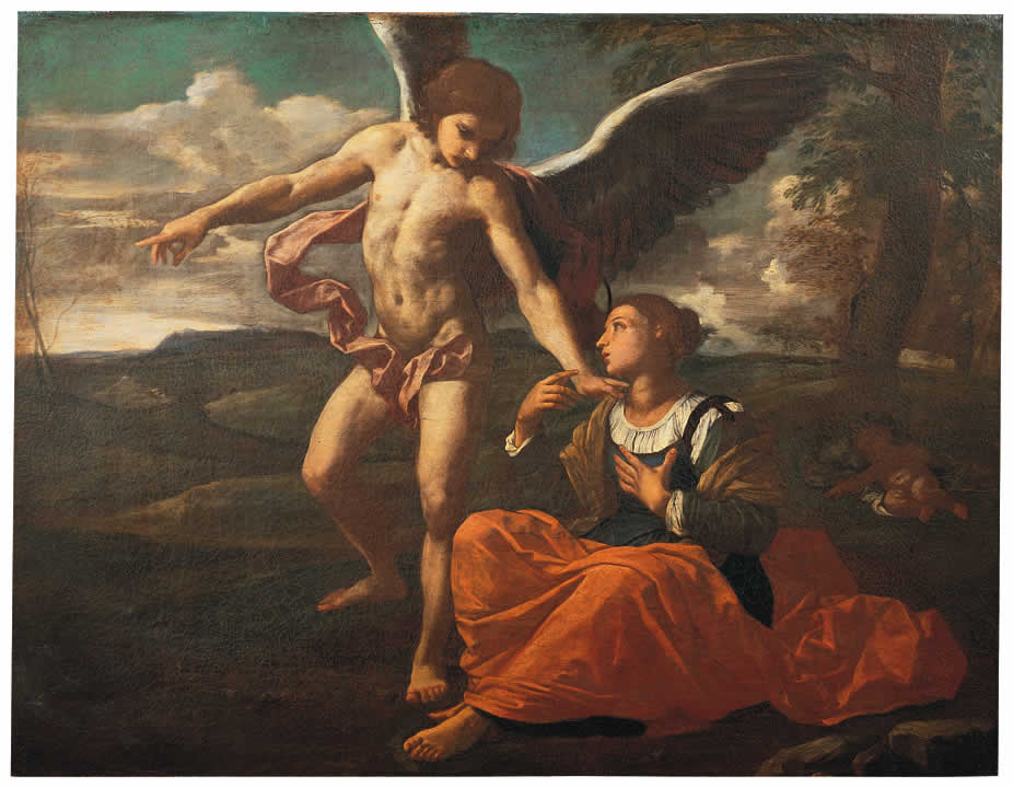 Agar e Ismaele nel deserto confortati dall'angelo (dipinto) di Cantarini Simone detto Pesarese (sec. XVII)