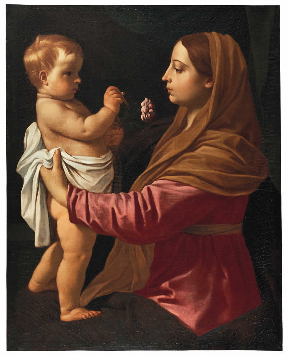 Madonna della rosa, Madonna con Bambino (dipinto) di Cantarini Simone detto Pesarese (bottega) (sec. XVII)