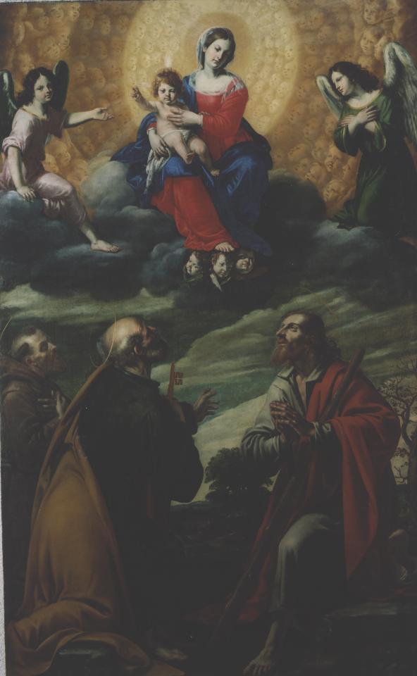 Madonna con Bambino, San Francesco d'Assisi, San Pietro e San Giacomo (dipinto) di Guerrieri Giovanni Francesco (sec. XVII)