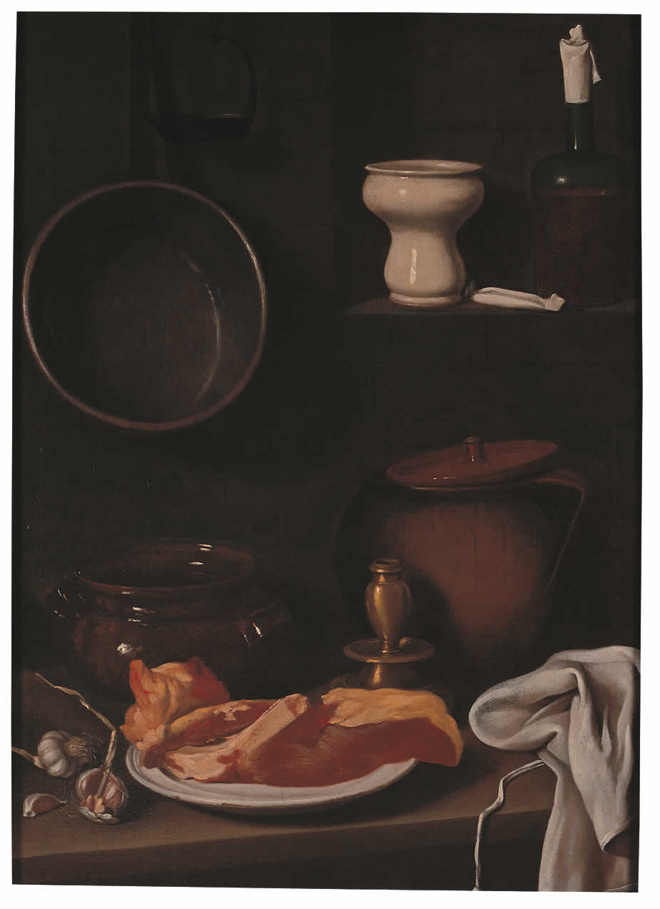 natura morta con trancio di carne (dipinto) di Magini Carlo (secc. XVIII/ XIX)
