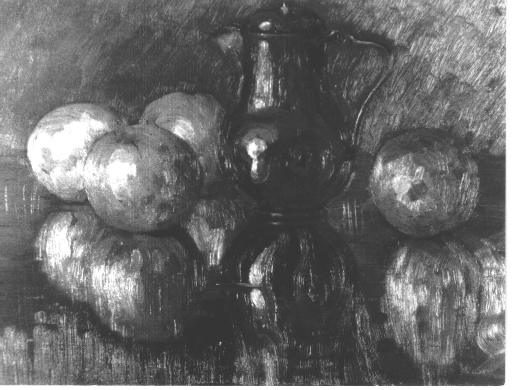 Riflessi, arance, caffettiera, natura morta (dipinto) di Santi Archimede (sec. XX)
