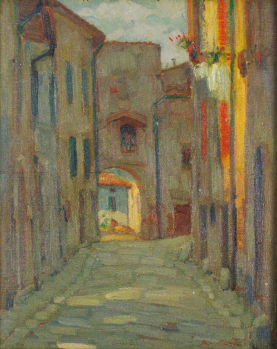 Via del Rialto, veduta di Pergola (dipinto) di Santi Archimede (sec. XX)