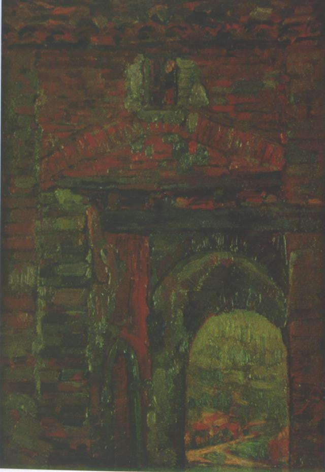 La porta di Fenigli, veduta di città (dipinto) di Santi Archimede (sec. XX)