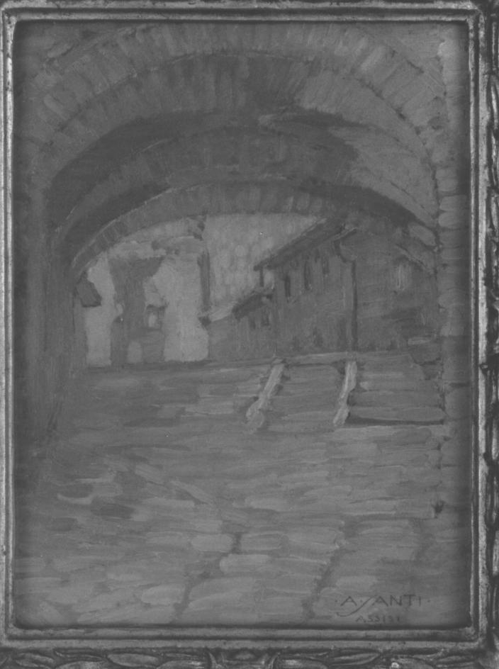 Porta San Giacomo, veduta di Assisi (dipinto) di Santi Archimede (sec. XX)