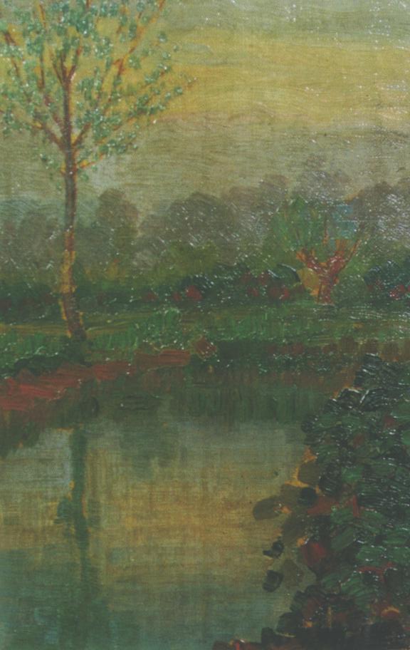 Gli stagni, paesaggio lacustre (dipinto) di Santi Archimede (sec. XX)