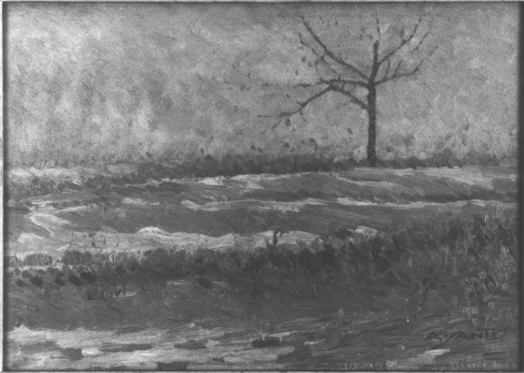 Nevicata in marzo, paesaggio invernale (dipinto) di Santi Archimede (sec. XX)
