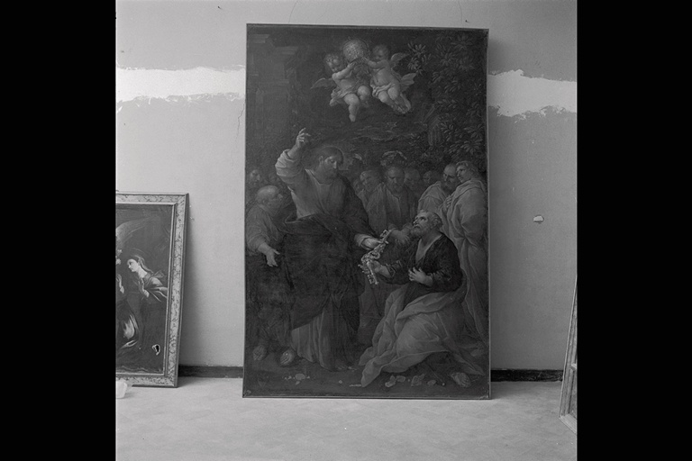 Cristo consegna le chiavi a San Pietro (dipinto) di Baldi Lazzaro (attribuito) (sec. XVIII)
