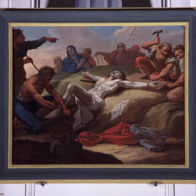 stazione XI: Gesù inchiodato alla croce (dipinto, elemento d'insieme) di Bertuzzi Nicola detto Anconitano (sec. XVIII)