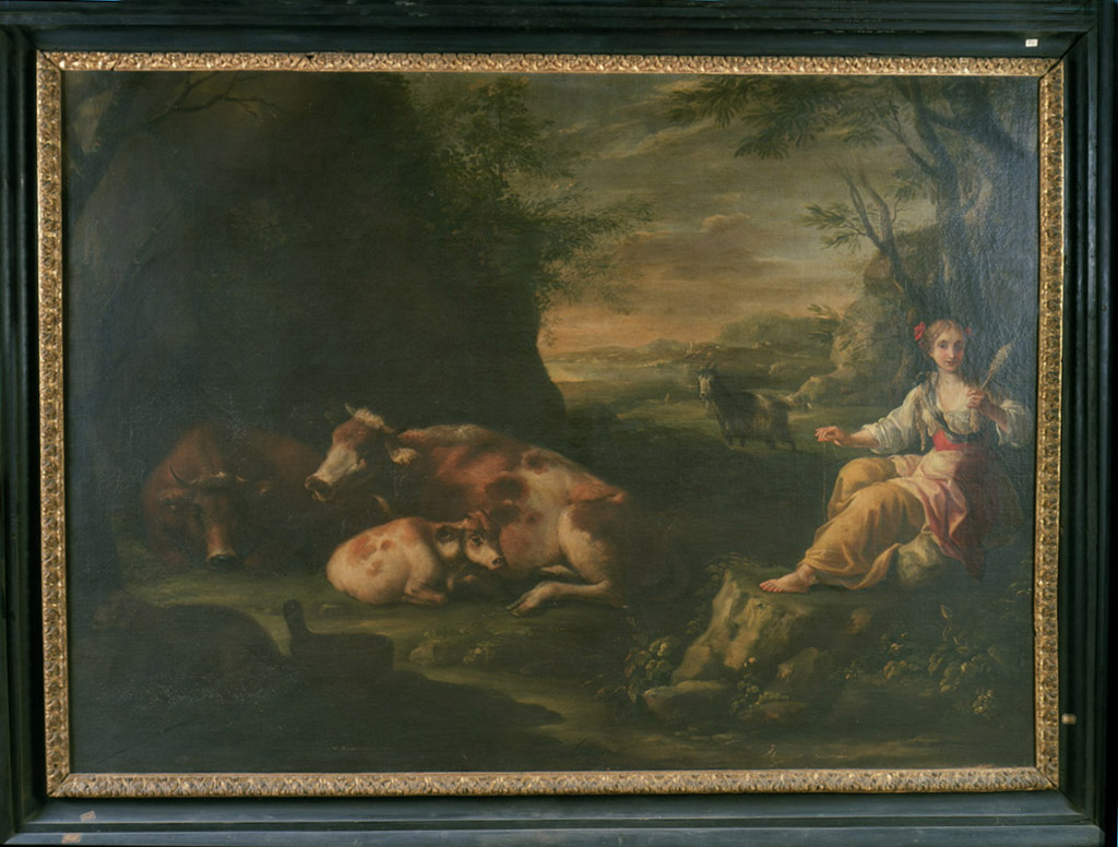 paesaggio con armenti e pastorella (dipinto) di Ceccarini Sebastiano (attribuito) (sec. XVIII)