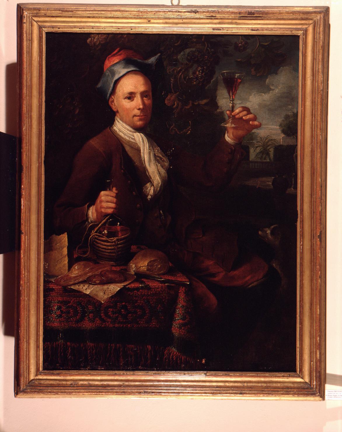 Il bevitore, figura maschile con fiasco e bicchiere in mano (dipinto) di Trevisani Francesco (sec. XVIII)