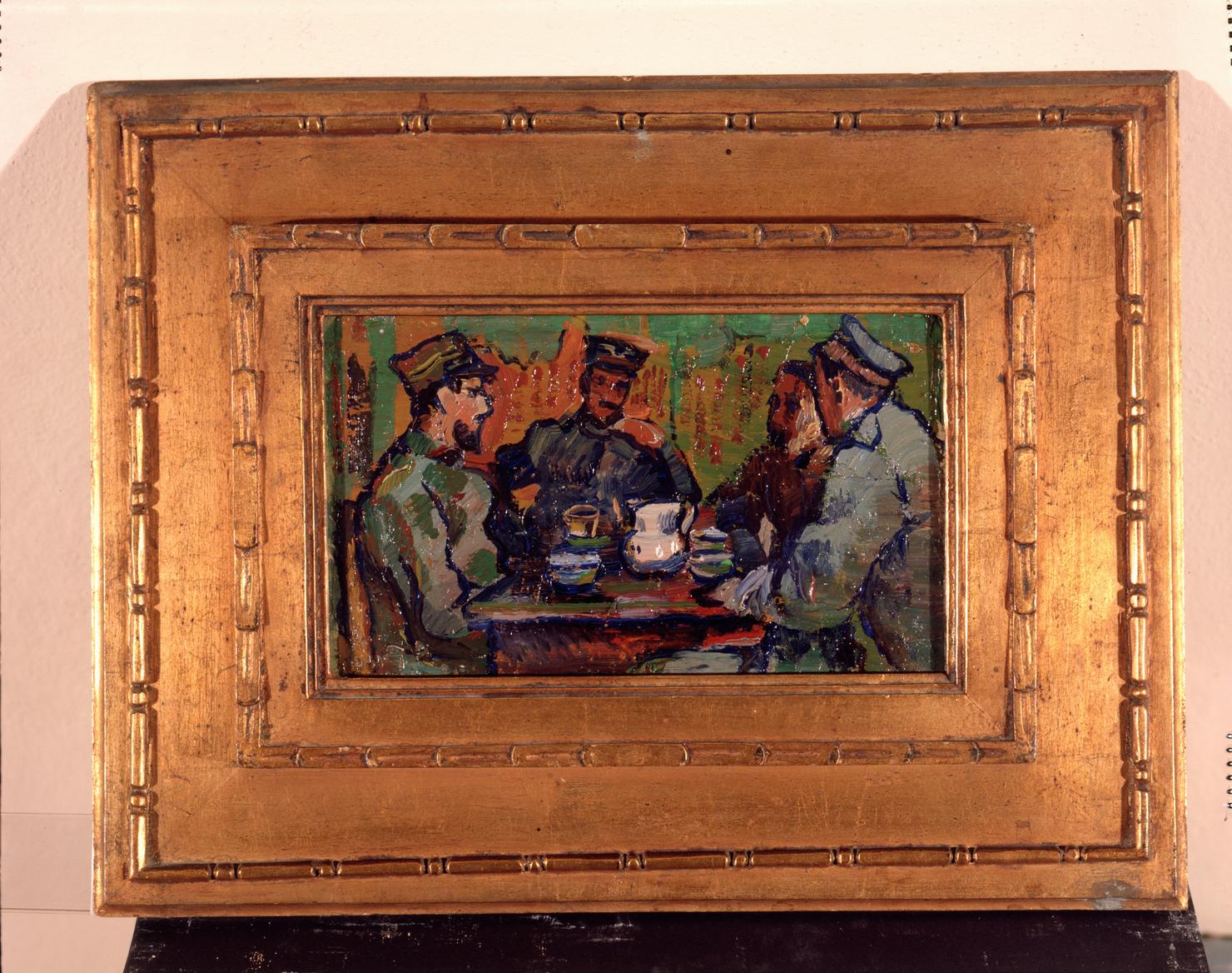 Intimità, soldati seduti attorno a un tavolo (dipinto) di Bucci Anselmo (sec. XX)