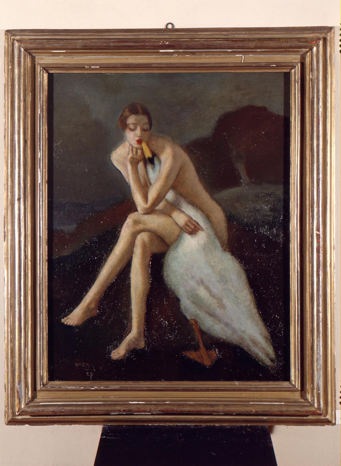 Leda moderna, figura femminile seduta con cigno (dipinto) di Bucci Anselmo (sec. XX)