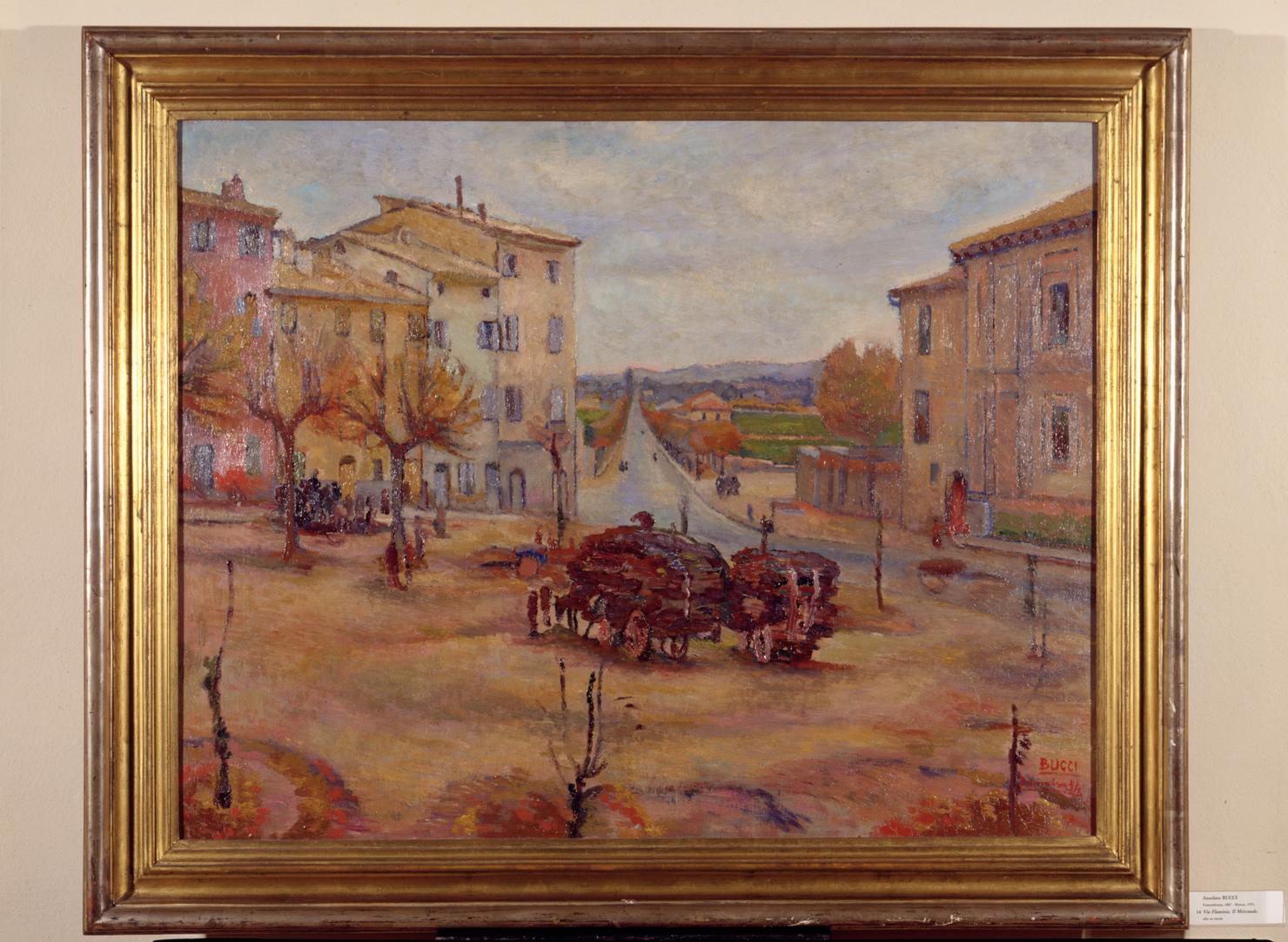 Il mercatale e la via Flaminia, veduta di Fossombrone (dipinto) di Bucci Anselmo (sec. XX)